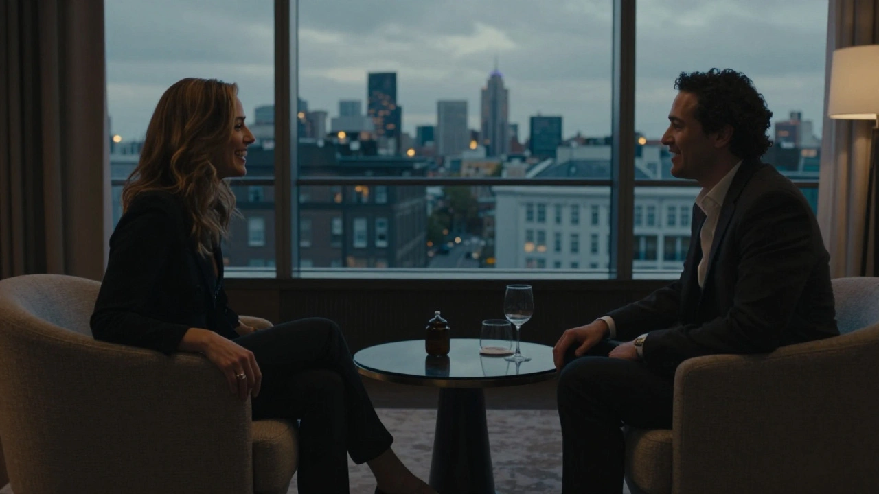 A man and woman sharing a quiet, intimate moment in a high-end London penthouse lounge at twilight.