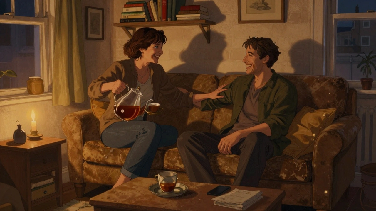 A man and woman talking warmly over tea in a cozy London flat, candlelight and books in the background.