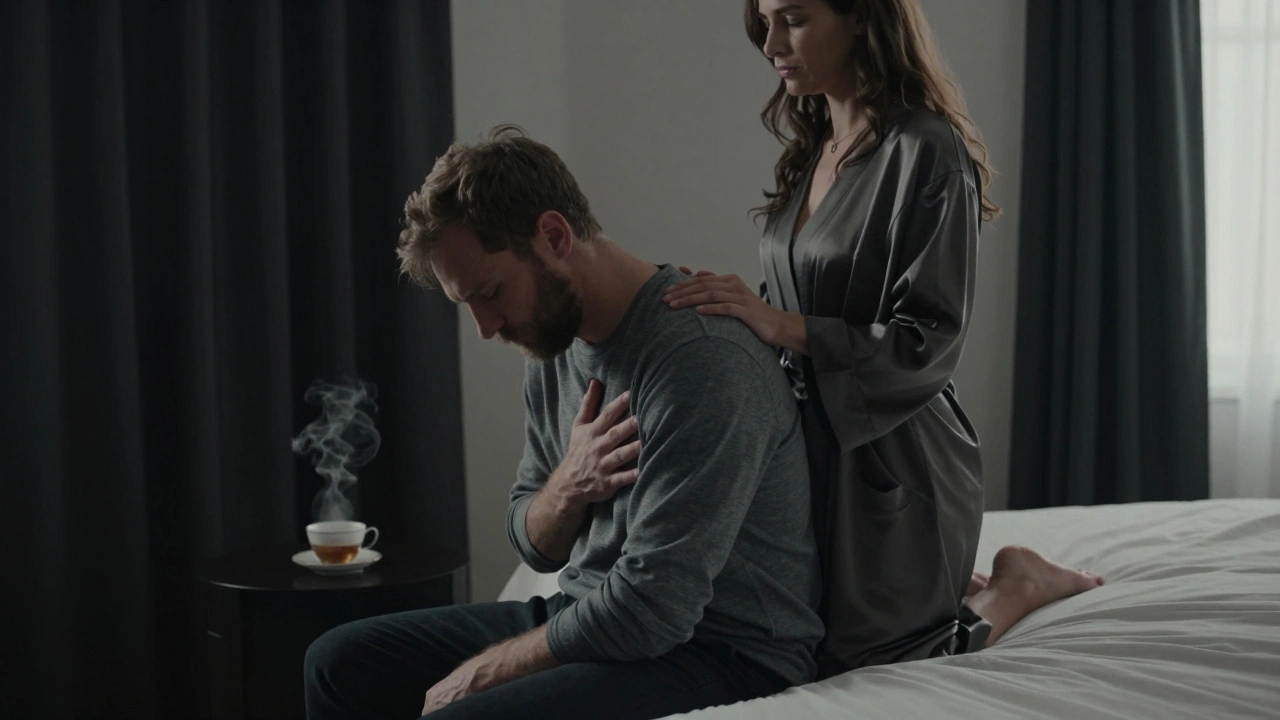 A man at peace on a bed as a woman gently touches his shoulders, conveying emotional healing and quiet connection.