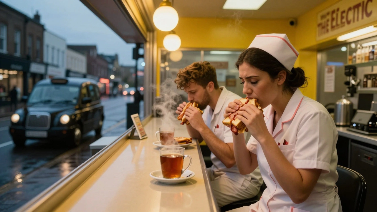 A nurse and DJ eat sandwiches at a 24-hour diner at 4 a.m., steam rising from their tea mugs.