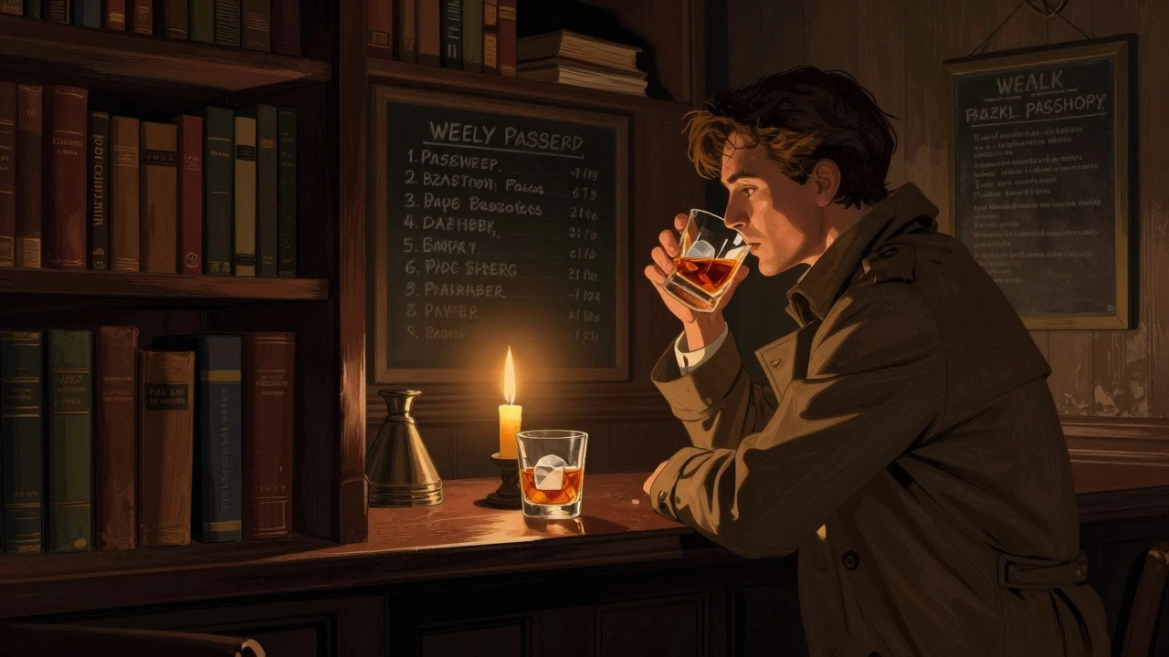 A solitary patron sips whiskey in a hidden speakeasy behind a bookshelf, lit only by candlelight.