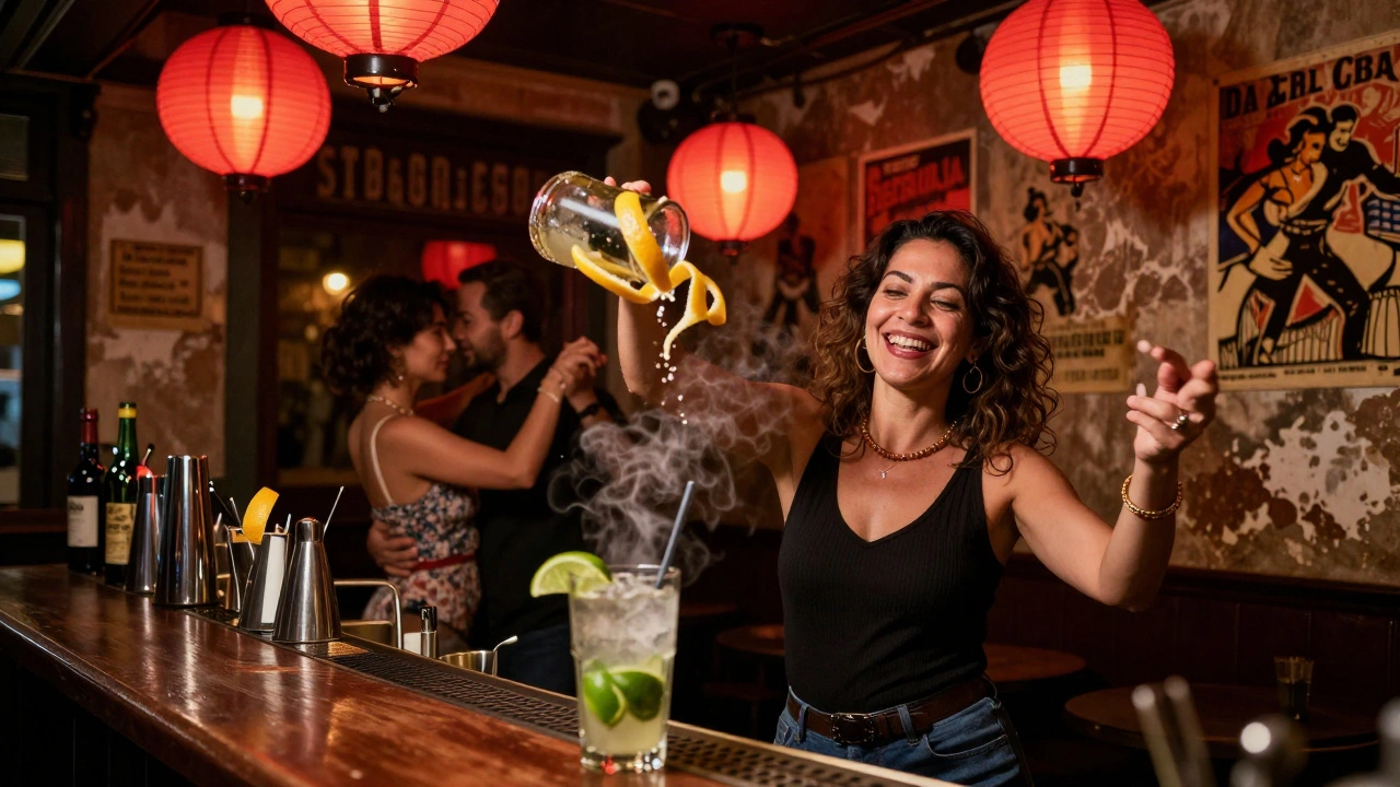 A tiny Cuban bar in Covent Garden where people dance salsa late at night, with a bartender pouring a mojito under red lantern light.