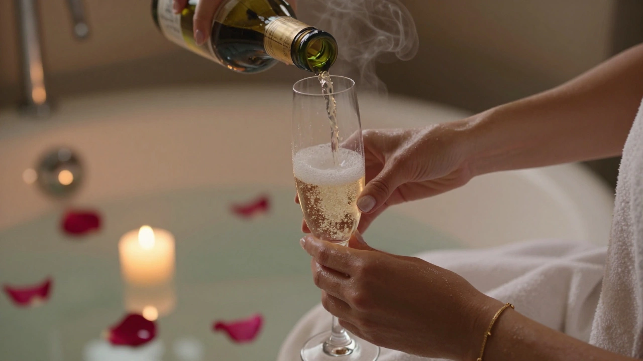 A woman's hands pouring champagne beside a candlelit bath with rose petals, radiating calm and refined ritual.