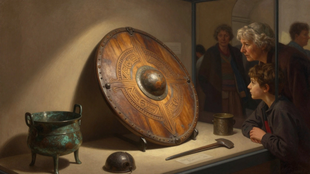 An ancient Welsh wooden shield in dim museum light, with a grandmother and grandson gazing at it in wonder.