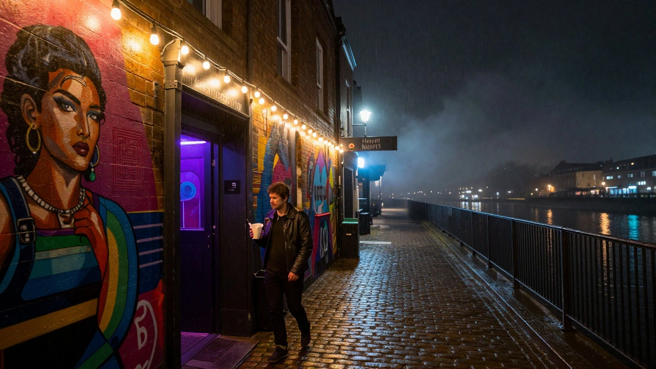 Back alley entrance to Heaven Nightclub at night, lit by street art and string lights, with a patron holding kebab across the Thames.