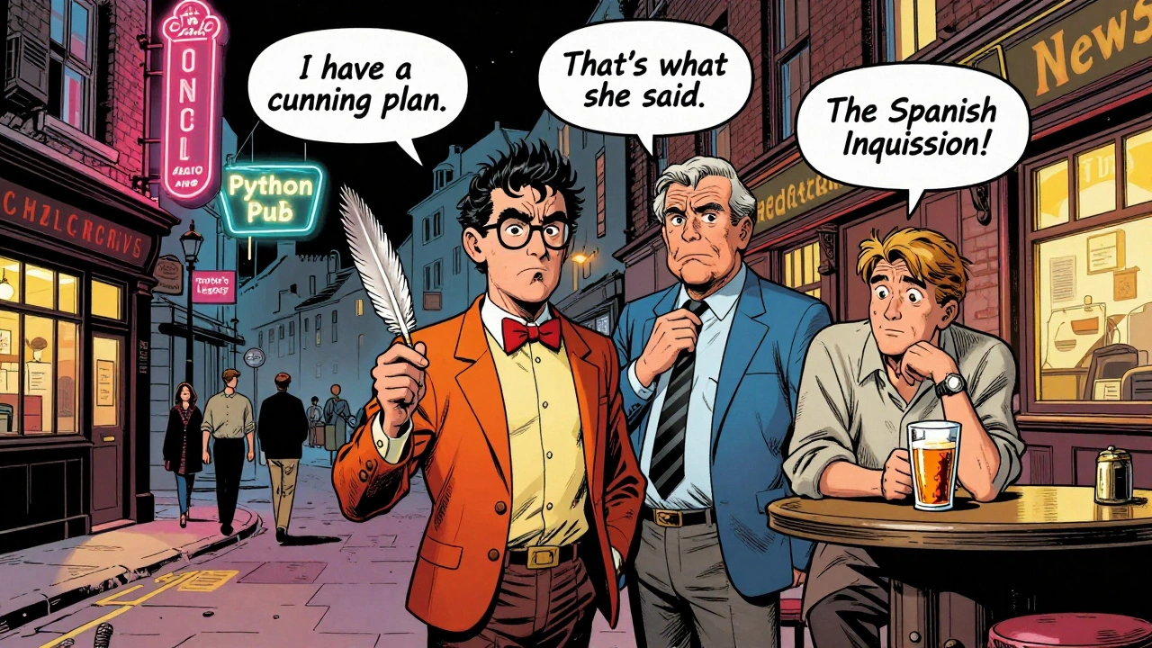 Comic book scene of Blackadder, David Brent, and Ian Hislop together in a London pub courtyard with floating quote bubbles.