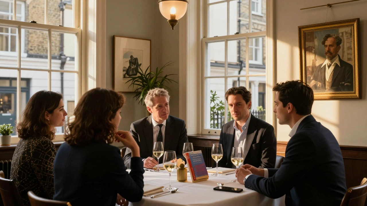 Creatives and professionals engaging in thoughtful discussion over wine at an elegant private club.