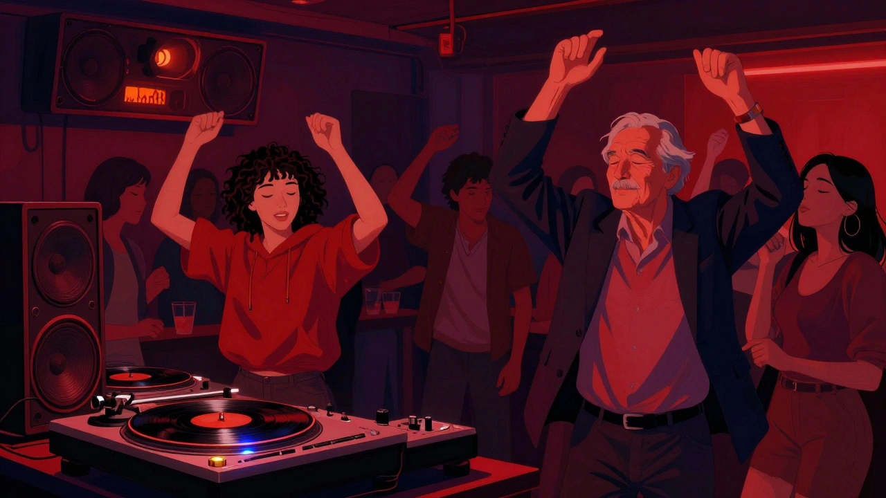 Diverse group of people dancing passionately in a dimly lit underground club with vinyl turntables visible.