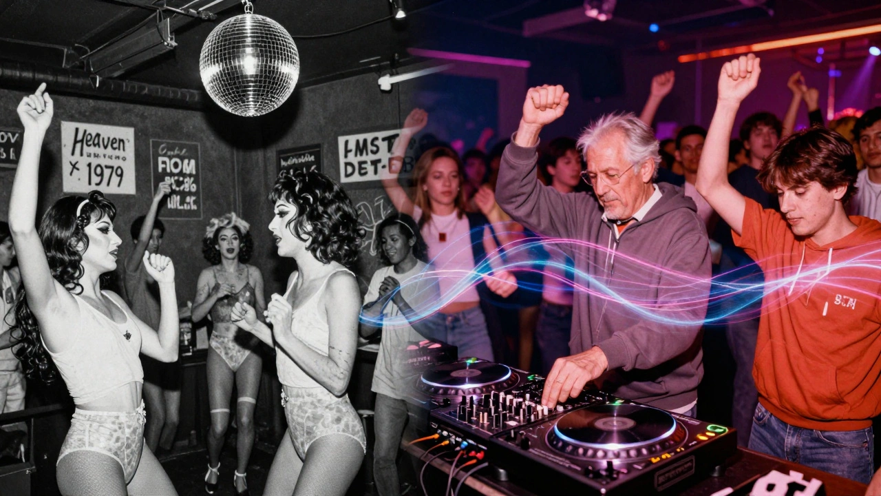 Double-exposure of Heaven’s 1979 founding and 2026 crowd, blending past and present through glitter and soundwaves.