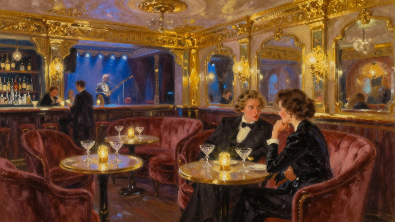 Elegant patrons drinking cocktails in a luxurious gold-trimmed jazz bar lounge