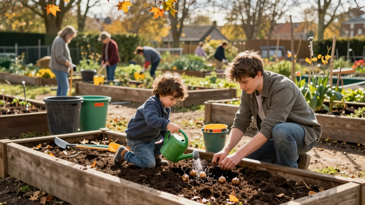Family members planting bulbs and watering seedlings in a community garden with raised beds.