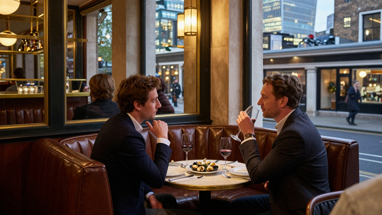 Finance professionals talking quietly in a dimly lit French brasserie near the Bank of England.