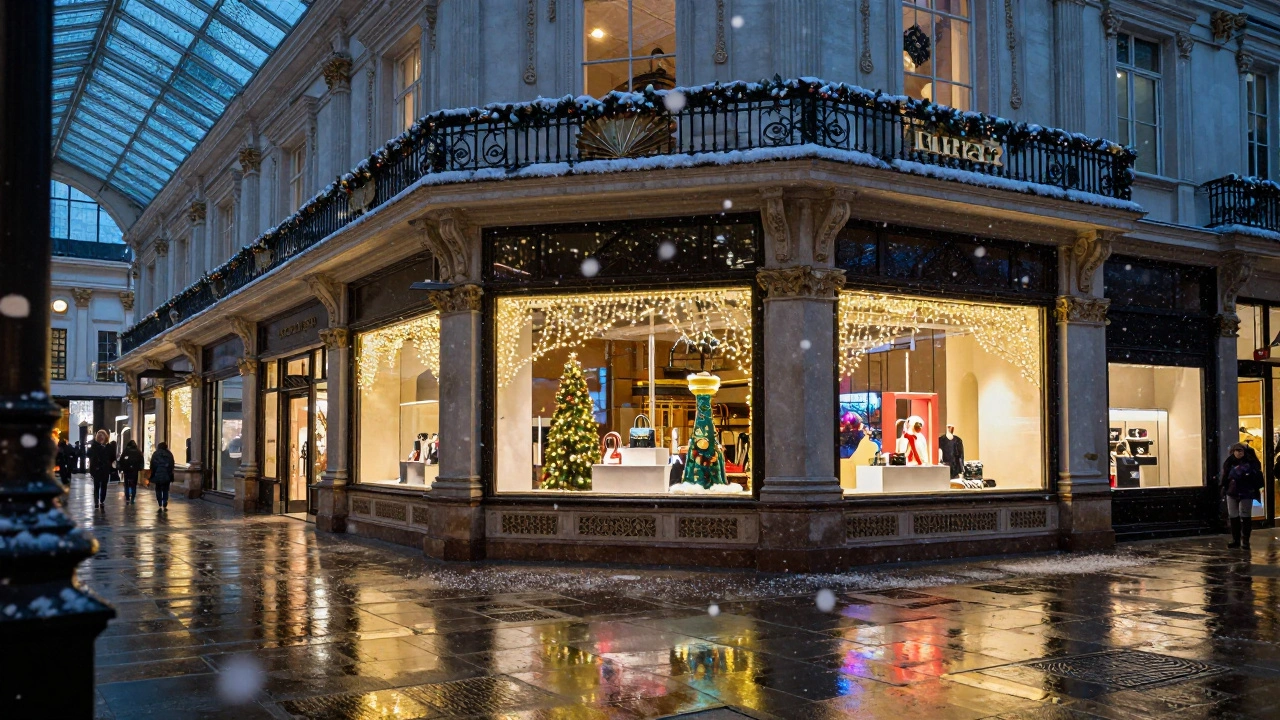 Illuminated shopping arcade windows reflecting on wet pavement at night.