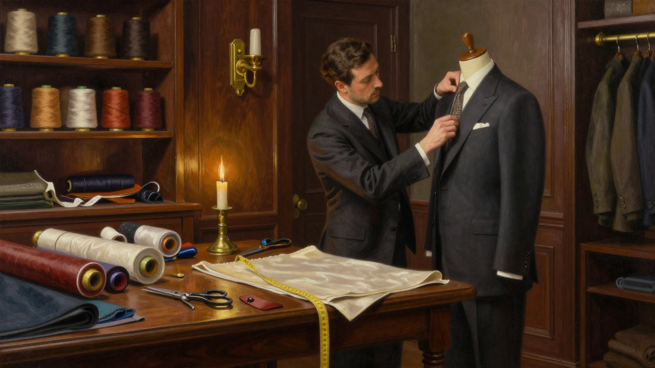 Interior of traditional tailor shop with fabric and sewing tools.