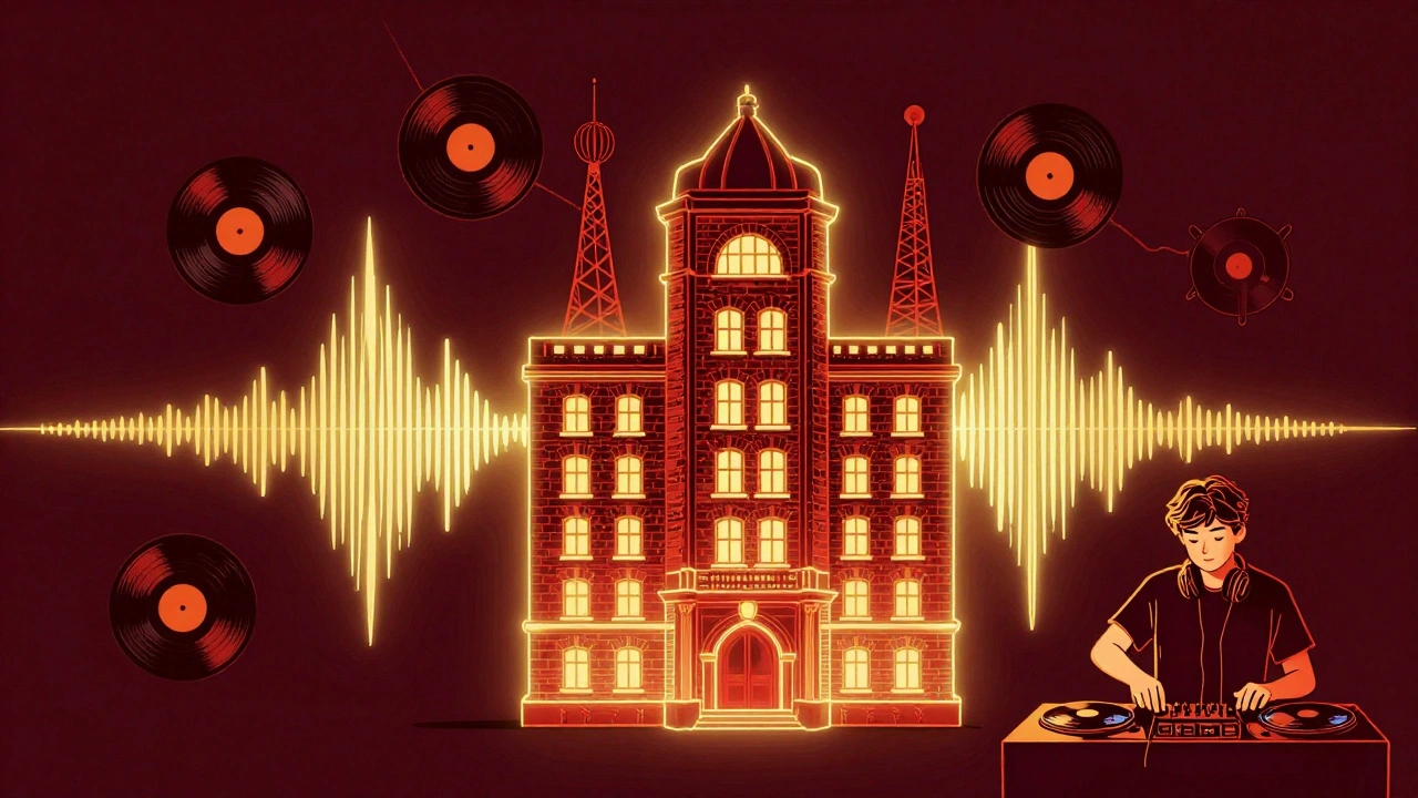 Ministry of Sound as a cultural hub, with sound waves connecting London to global music scenes in gold and burgundy tones.