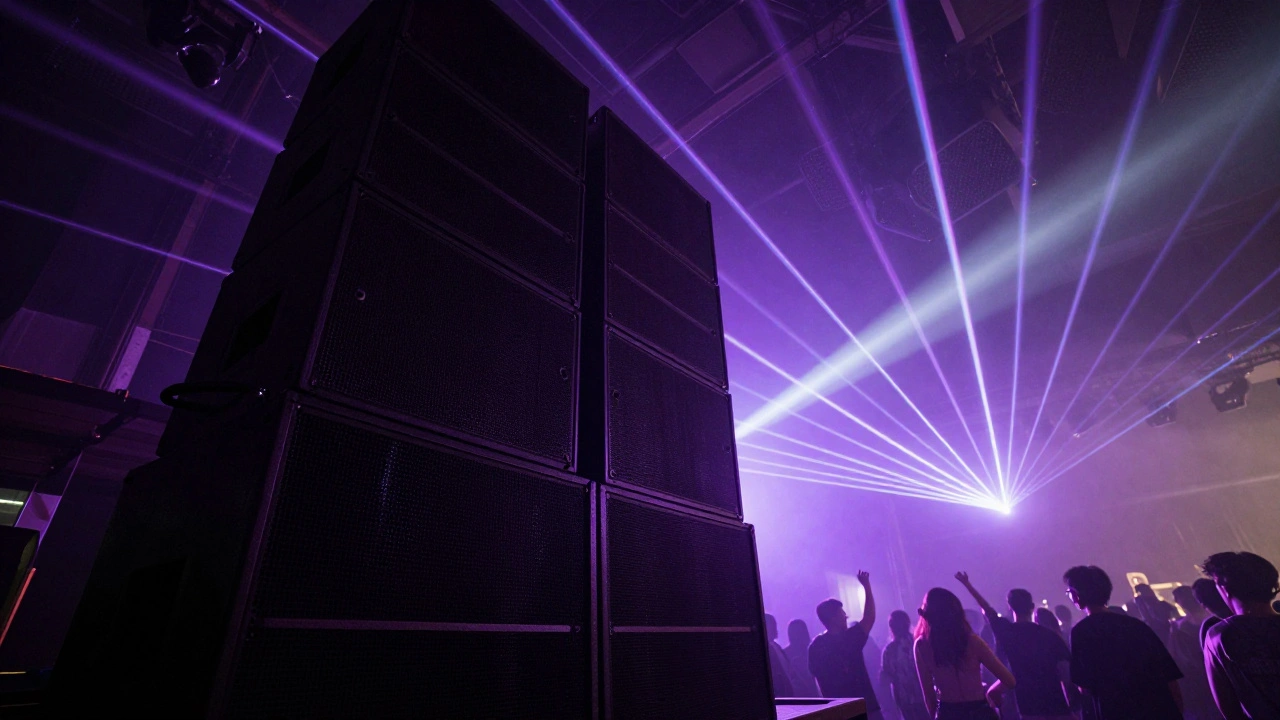 Packed dancefloor with large speakers and laser beams