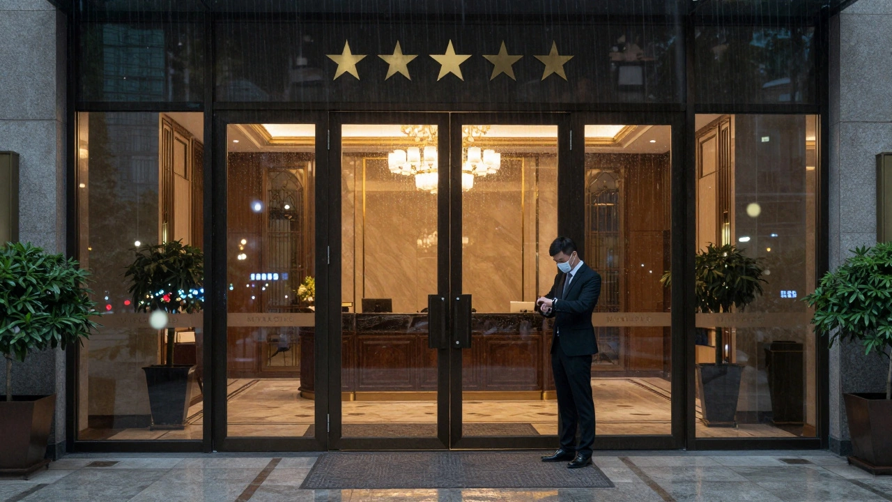 Silhouette in hotel lobby seen through rain-streaked glass doors.