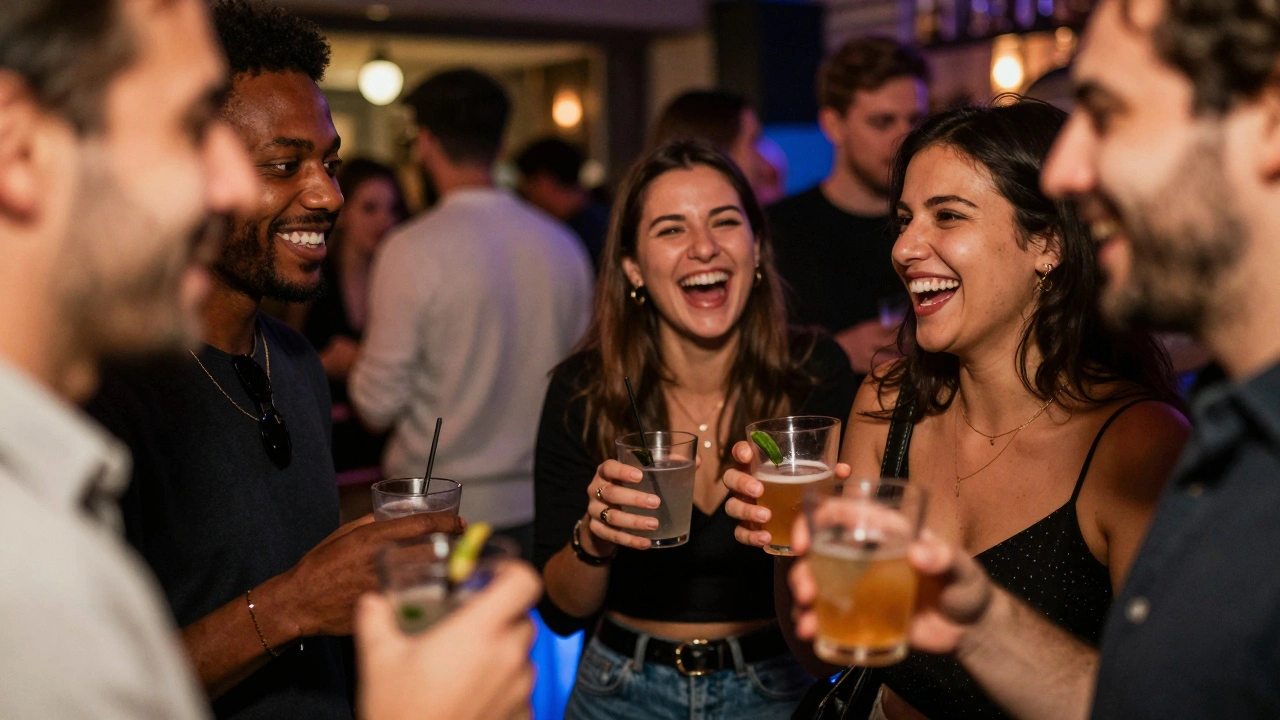 Smiling friends drinking cocktails inside a dimly lit music venue