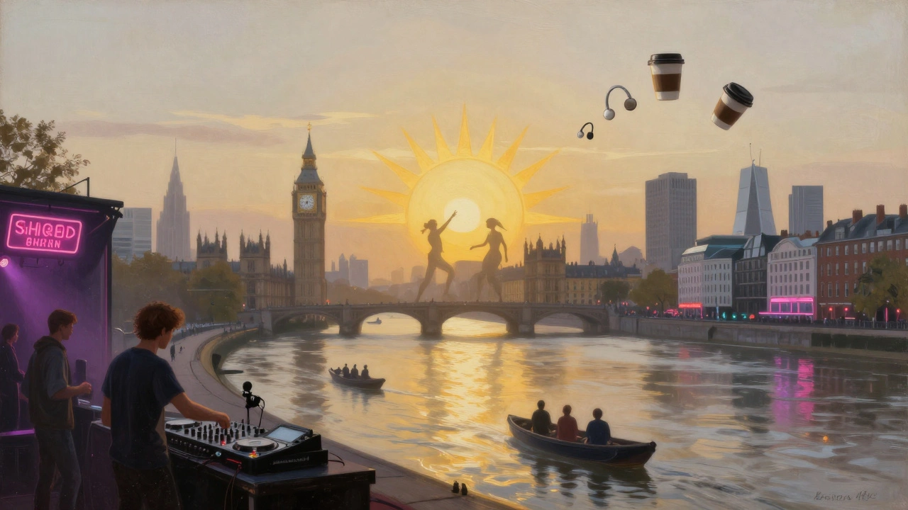 Surreal fusion of London landmarks and club culture at dawn, with dancers forming a rising sun.