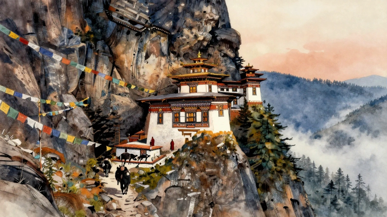 The Tiger's Nest Monastery clings to a cliff in Bhutan, surrounded by prayer flags and misty valleys.