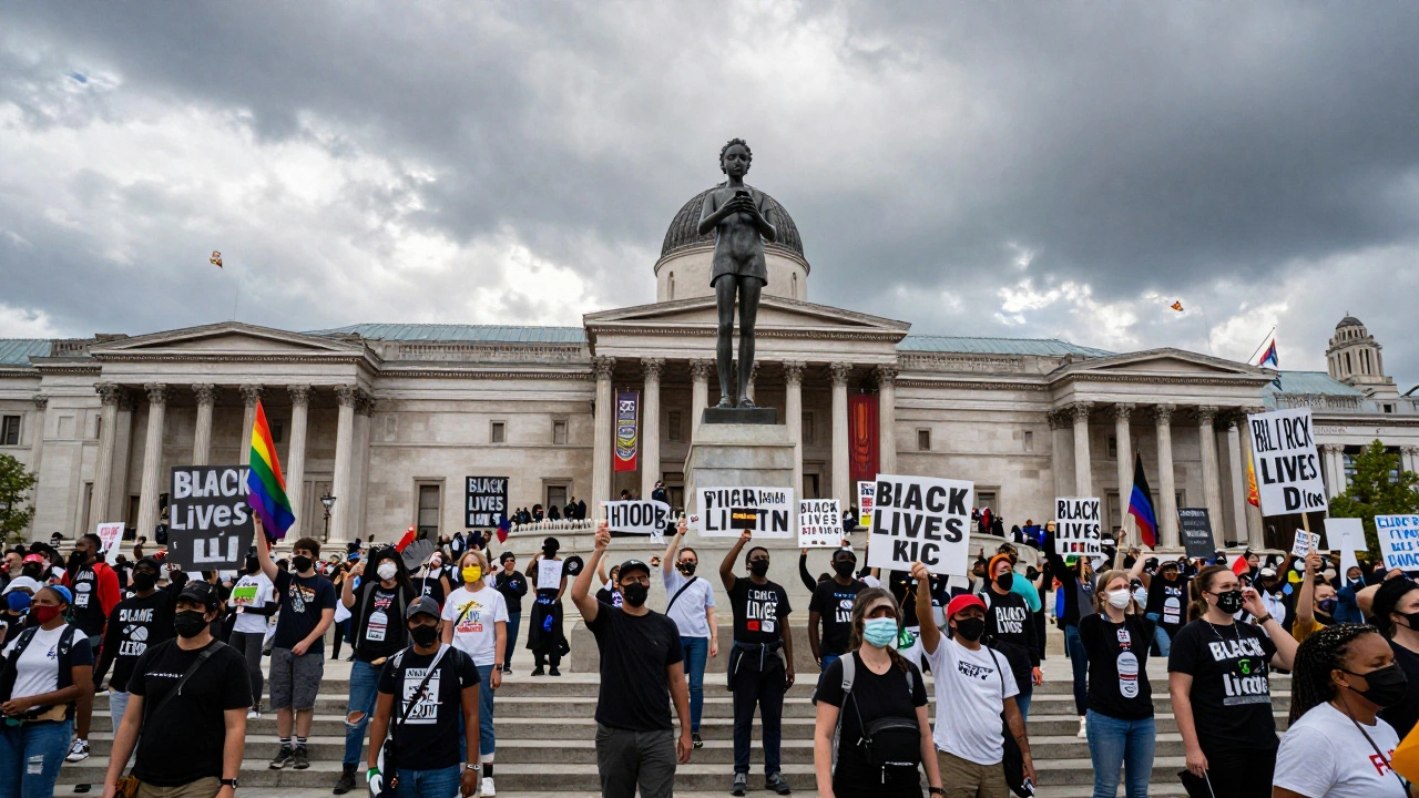 Thousands gather in Trafalgar Square for a Black Lives Matter protest, holding signs and chanting on the steps of the National Gallery.