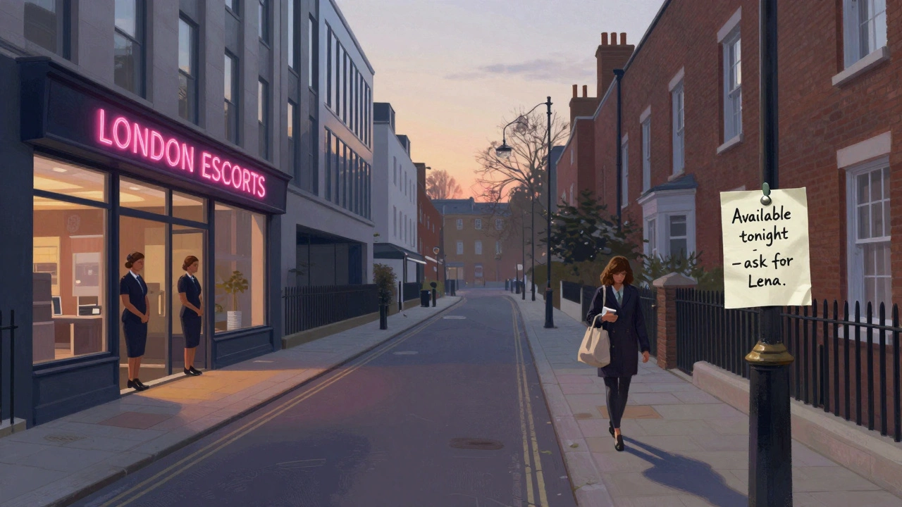 Two parallel London streets at dawn: one corporate escort agency, one quiet lane with a woman walking alone.