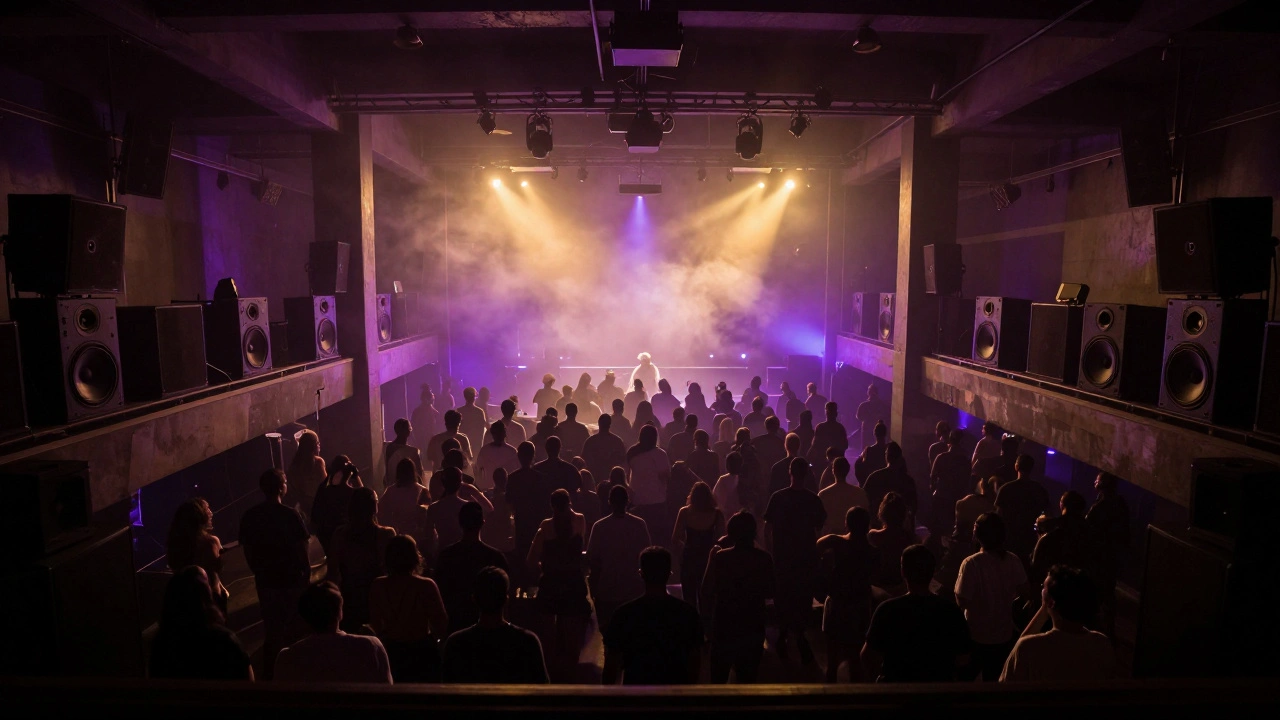 View from above a crowded dance floor with speakers and lights